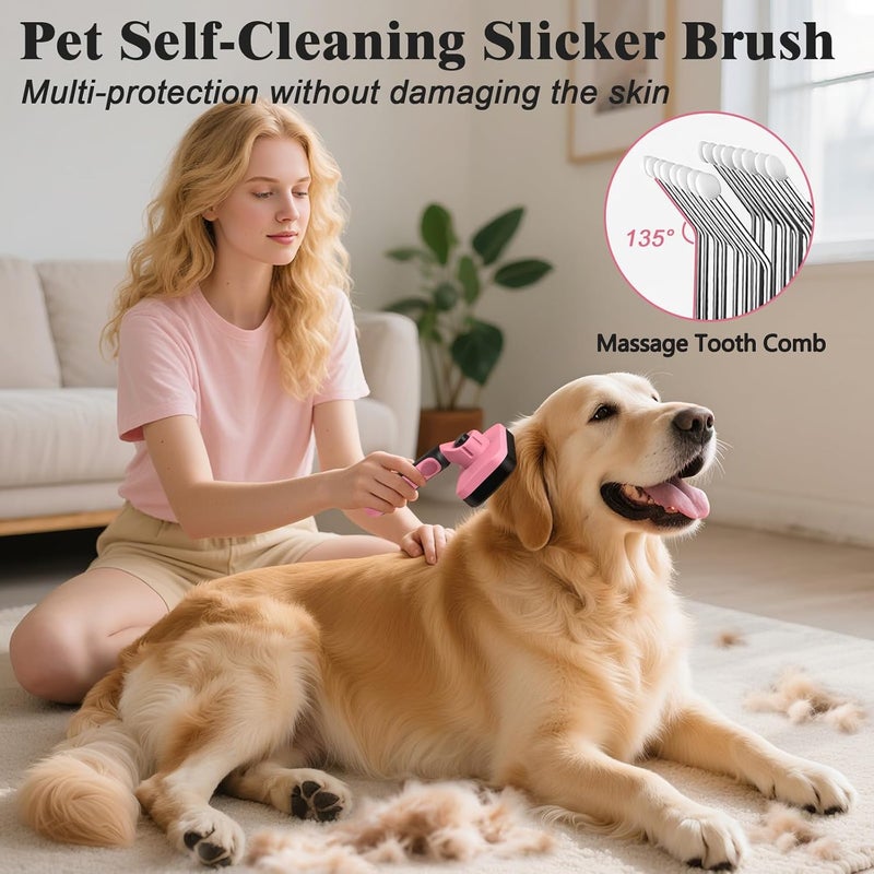 HSC 2PCS Self Cleaning Slicker Brush & Dog Comb - Skin Friendly Deshedding Grooming Tool for Dogs, Cats and Small Animals, Professional Deshedding Dematting Tool for Long and Short Haired Pets (Pink) - Image 2
